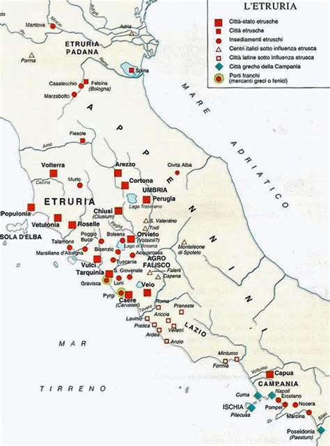 Mappa storica della Toscana con insediamenti etruschi, romani e medievali