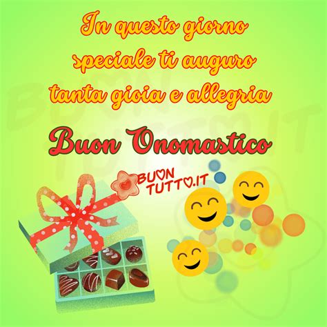 Immagine colorata con cioccolatini ed emoji per auguri di onomastico
