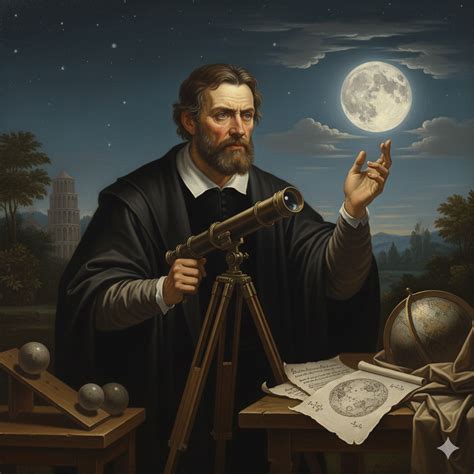 Ritratto di Galileo Galilei che osserva il cielo con il telescopio, con una Bibbia aperta nelle vicinanze.