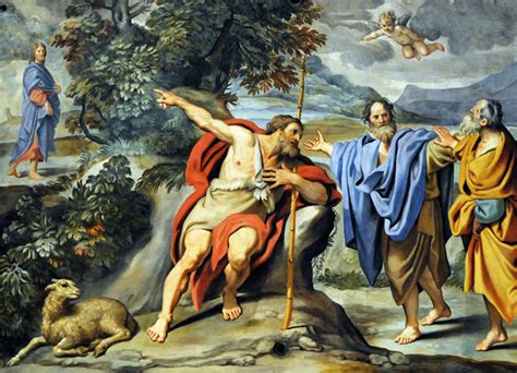 Illustrazione di Giovanni Battista che indica Gesù come l'Agnello di Dio, con una folla che ascolta