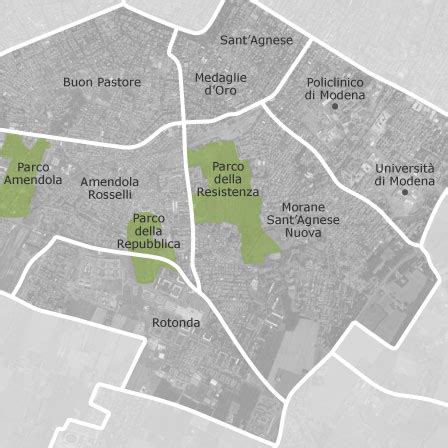 Mappa del quartiere Buon Pastore a Modena con evidenziate le aree verdi e i servizi principali