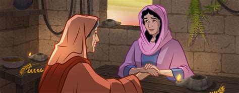 Illustrazione che raffigura Noemi e Rut, con elementi che richiamano la loro storia di perdita e speranza.