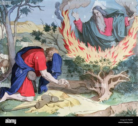 Illustrazione che raffigura Mosè di fronte al roveto ardente.