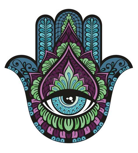 illustrazione raffigurante l'amuleto Hamsa con i dettagli iconografici tipici (occhio, dita, decorazioni in argento)