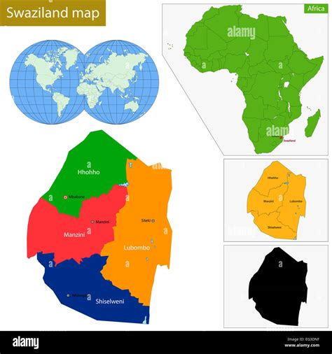 Mappa del Sud Africa e dello Swaziland con evidenziate le aree del Vicariato di Ingwavuma e della Diocesi di Manzini