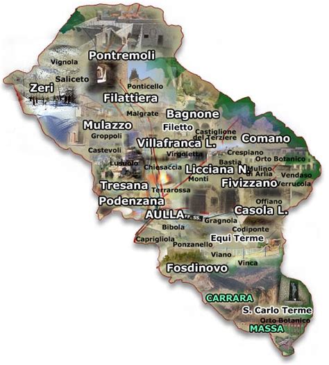 Mappa antica della Lunigiana che evidenzia le vie di comunicazione storiche.