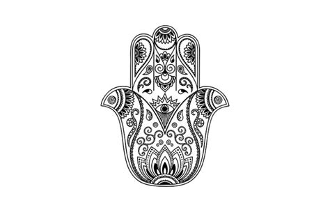 Illustrazione schematica della Mano di Fatima con l'occhio protettivo al centro e dettagli decorativi vegetali