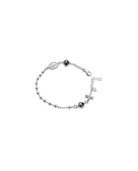 fotografia dettagliata di un bracciale rosario in argento 925 con pietre nere sfaccettate e medaglia della Madonna Miracolosa