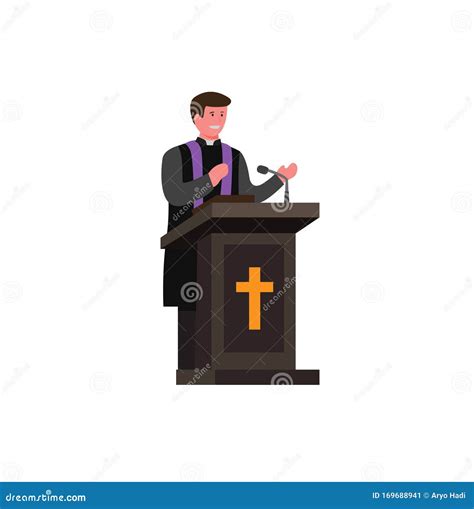 Illustrazione stilizzata di un sacerdote che parla durante una funzione religiosa, con simboli di fede come una croce e una Bibbia.