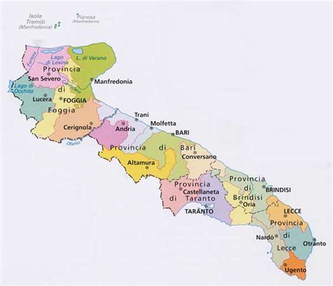 Mappa della Puglia con evidenziate le città note per i loro riti della Settimana Santa.