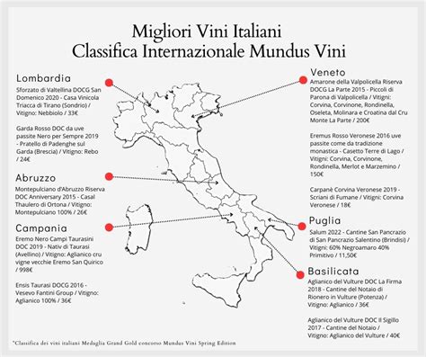 Infografica che mostra la varietà di vini italiani (rossi, bianchi, rosati e spumanti) e la mappa delle zone DOC e DOCG