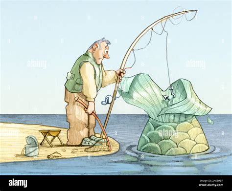illustrazione fiabesca raffigurante un pescatore che libera un enorme pesce magico dalle sue reti