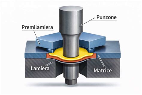 Schema tecnico che mostra il funzionamento del punzone, della matrice e del telaio di stampa