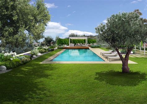 Giardino di una villa con piscina scenografica e zona relax