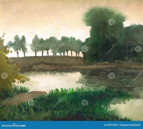 Illustrazione di un paesaggio calmo con alberi che si muovono dolcemente al vento e un cielo sereno.