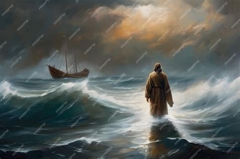 Illustrazione artistica di Gesù che cammina sulle acque durante una tempesta, mentre i discepoli sono spaventati nella loro barca.