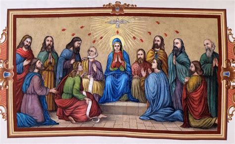 Rappresentazione iconografica della Pentecoste con la discesa dello Spirito Santo su Maria e gli Apostoli nel Cenacolo
