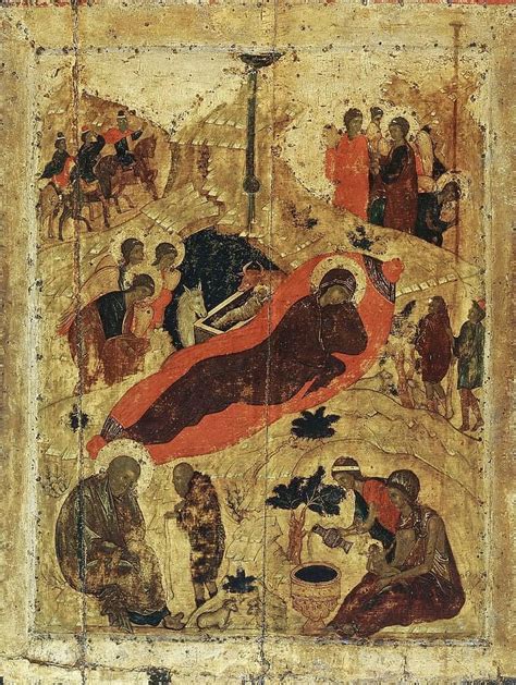 Icona della Natività bizantina che mostra la grotta, Maria distesa, il Bambino nella mangiatoia, Giuseppe e le ostetriche