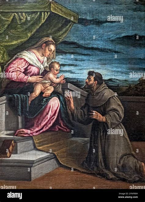 Illustrazione di un novizio francescano con la Madonna