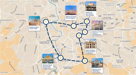 Mappa dell'itinerario del Giro delle Sette Chiese a Roma, evidenziando le basiliche principali.