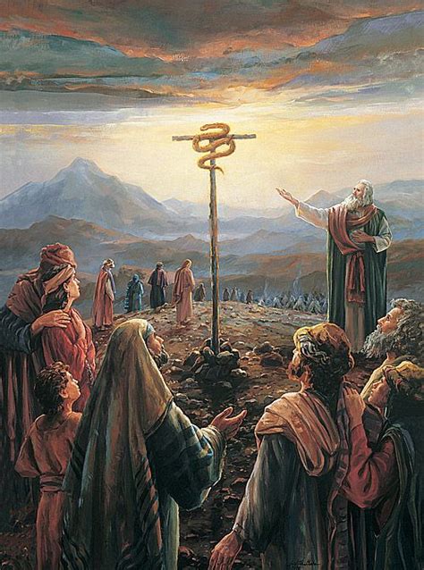 Illustrazione del serpente di bronzo innalzato nel deserto, in parallelo alla croce di Cristo