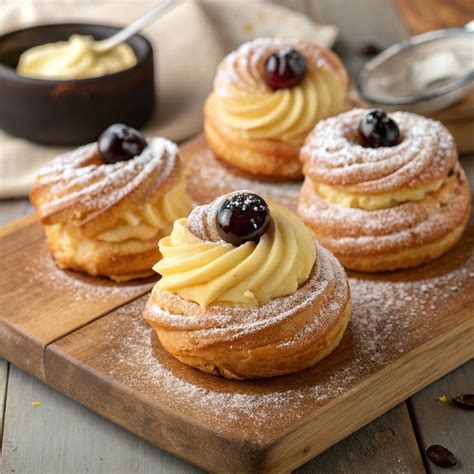 Illustrazione delle tradizionali zeppole di San Giuseppe decorate con crema e amarene