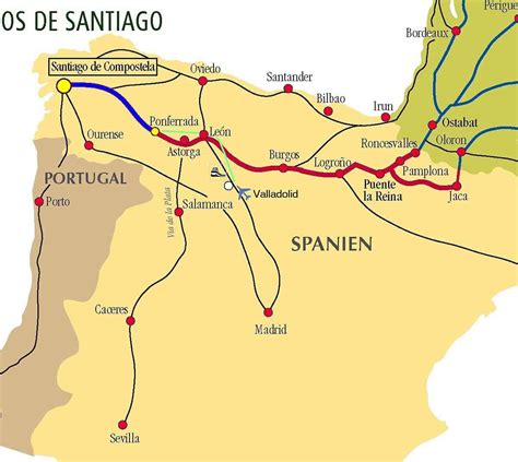 Cartina geografica che illustra le principali vie del Cammino di Santiago in Europa