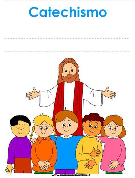 Copertina di un quaderno attivo per il catechismo, con disegni colorati e bambini