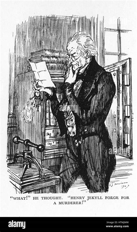 Illustrazione che mostra Utterson che visita un Lanyon visibilmente invecchiato e terrorizzato.