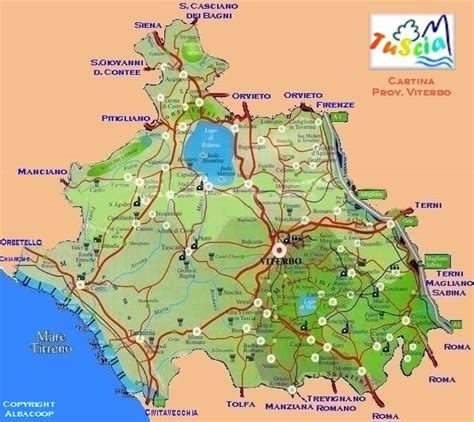 Mappa del territorio della Tuscia con indicazione dell'Abbazia di San Giusto e del corso del fiume Marta.