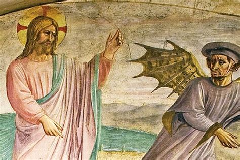 Gesù nel deserto, tentato dal diavolo, con angeli e animali selvatici. Stile realistico e simbolico.