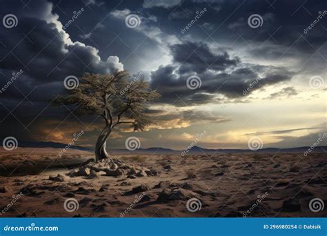 Albero solitario che germoglia in un paesaggio desertico, simbolo di speranza e nuova vita.