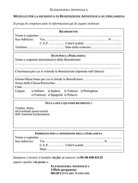Modulo di richiesta per la Benedizione Apostolica