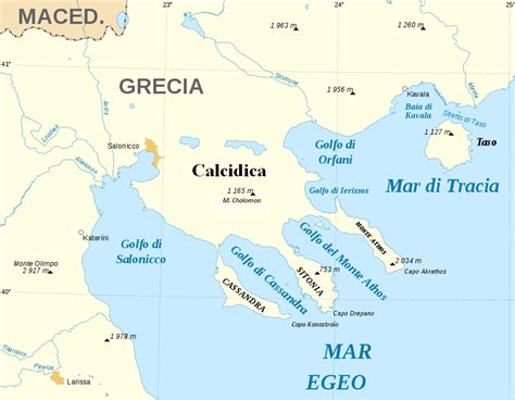 Mappa geografica della penisola Calcidica con evidenziato il Monte Athos (il