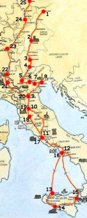 Mappa storica dei viaggi di Wolfgang Kilian in Italia con indicazione delle città visitate