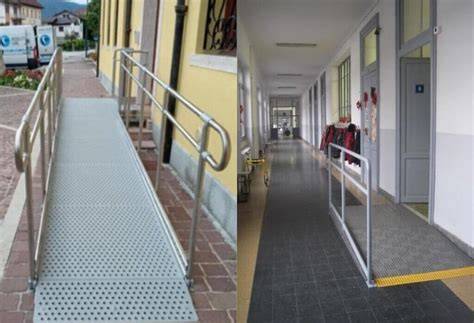 Schema tecnico illustrante le pendenze massime e le dimensioni dei pianerottoli per rampe accessibili secondo il D.M. 236/89