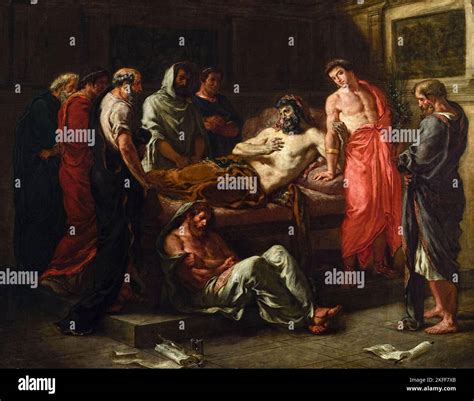 Dipinto: San Francesco sul letto di morte, circondato dai suoi frati, mentre uno di loro legge il Vangelo.