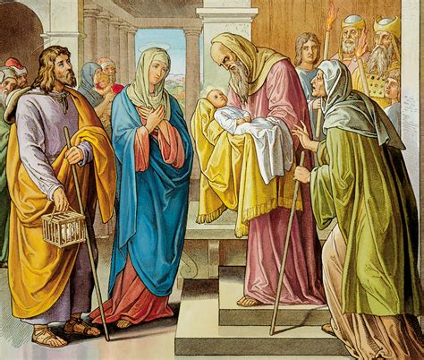 Illustrazione biblica della presentazione di Gesù al Tempio con Simeone e Anna