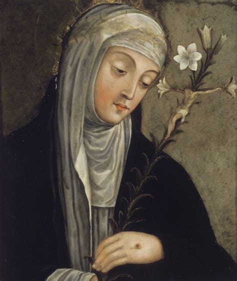 Un'icona o un dipinto di Santa Caterina da Siena che mostra la sua devozione e il suo impegno spirituale.