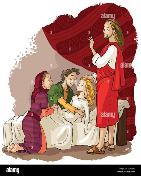 Illustrazione della bambina di Giairo che si alza dal letto e cammina, con Gesù e i genitori