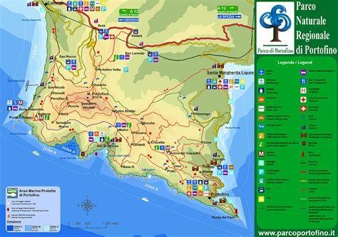 Mappa del Parco di Portofino con evidenziato il crocevia di Pietre Strette e i sentieri principali che lo collegano a Santa Margherita Ligure e San Fruttuoso