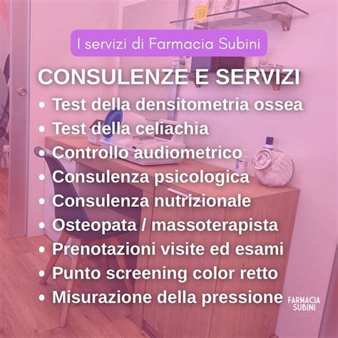 Infografica sui servizi offerti da una farmacia moderna (es. misurazione pressione, test rapidi, consulenze)
