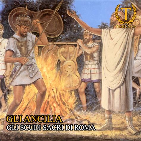 Illustrazione storica o ricostruzione dei sacerdoti Salii mentre danzano con gli ancilia e le aste bianche
