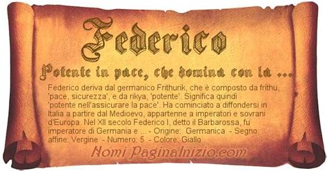 Infografica con il significato del nome Federico, origine germanica e curiosità (colore giallo, numero 5, metallo oro)