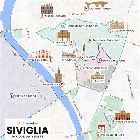 Mappa del centro storico di Siviglia con i principali monumenti evidenziati