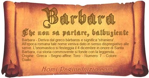 Infografica con il profilo del nome Barbara: origine, significato, colore (giallo), numero fortunato (7) e data del 4 dicembre.