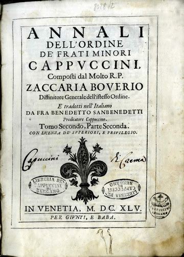 Frontespizio degli Annali dei Cappuccini di Zaccaria Boverio