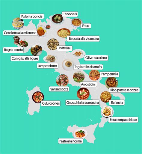 Mappa dell'Italia con le specialità culinarie tipiche del Carnevale divise per regione.