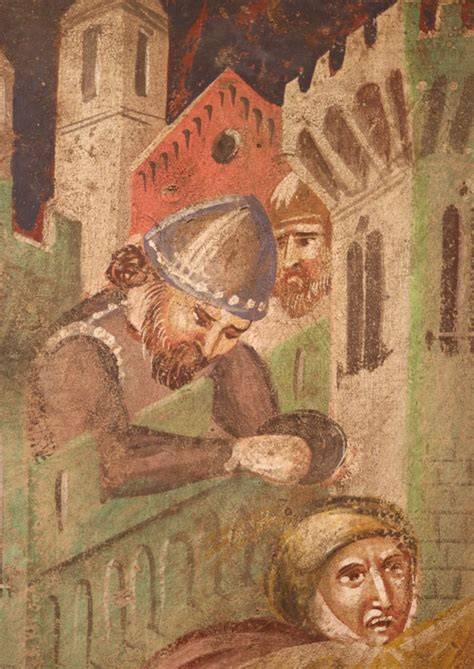 Affresco medievale raffigurante una scena di confessione o penitenza