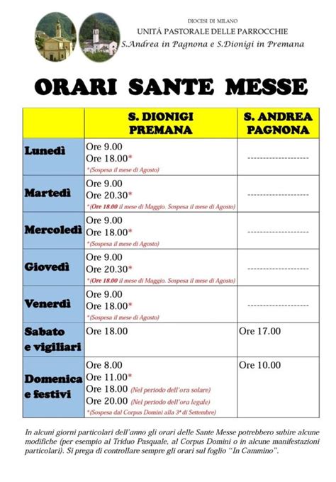Tavola orari messe parrocchiali Premana e Pagnona